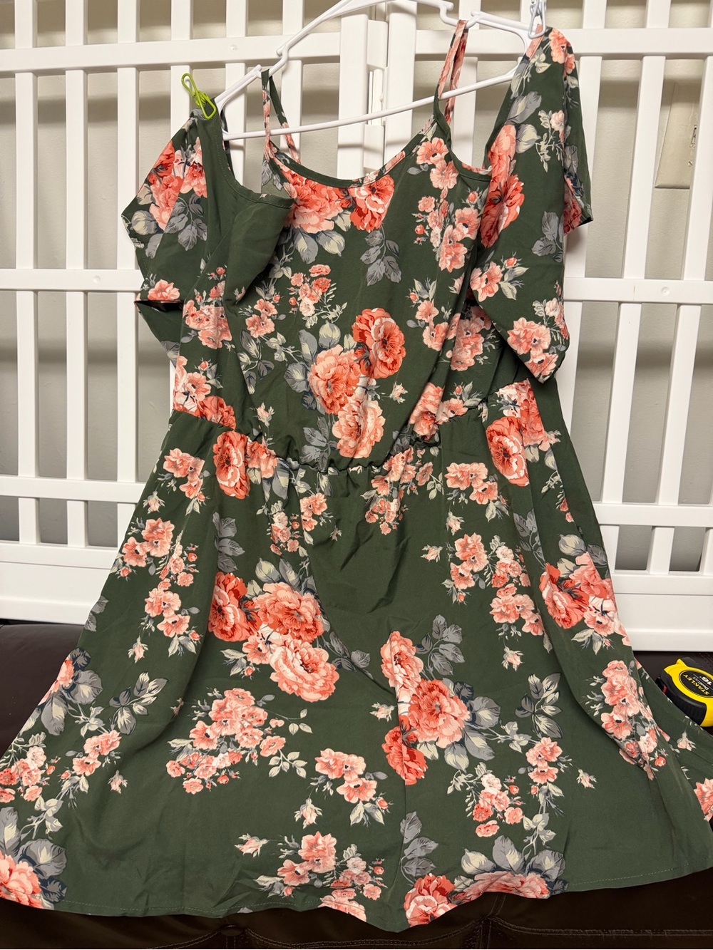 SHEIN Olive Green Floral Cold-Shoulder Mini Dress with Peach Blooms